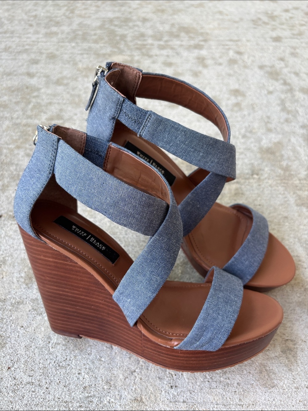 White House Black Market Chambray Crisscross Wedge Sandals - Blue and Brown - Picture 2 of 15